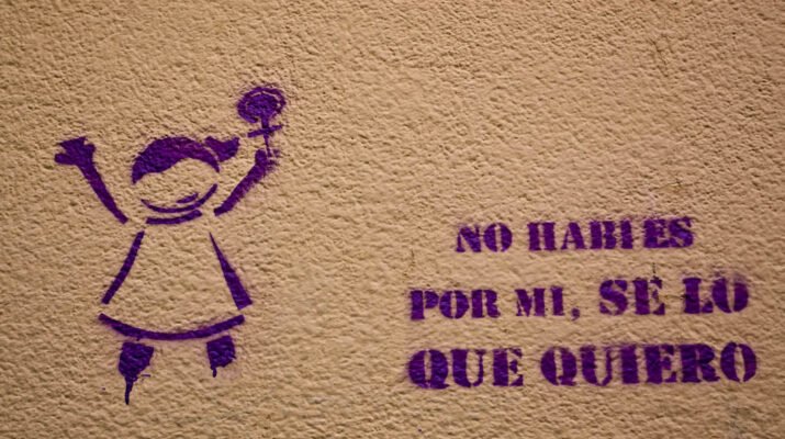 Pintura feminista donde se ve a una niña y la frase "no hables por mi, se lo que quiero"