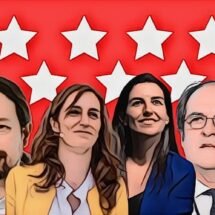 Candidatos a la presidencia de la Comunidad de Madrid sobre un fondo con la bandera de la Comunidad de Madrid