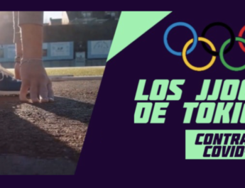 Cartel de Juegos Olímpicos Tokio contra la Covid-19, a la izquierda una foto de una pierna con una zapatilla de Nike azul en una pista de atletismo, a la derecha los aros de los Juegos Olímpicos con el titular de Los JJ.OO. de Tokio contra la Covid-19