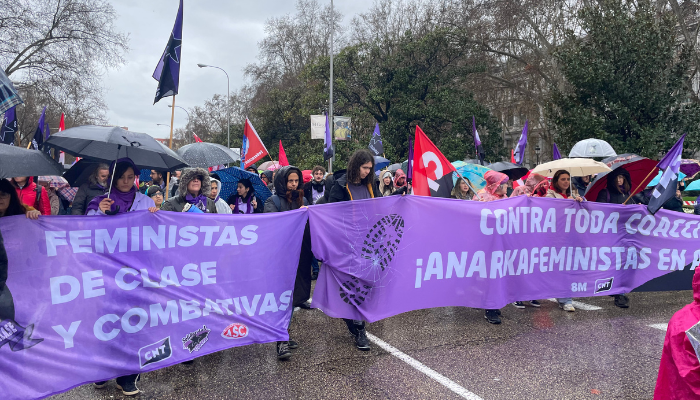Grupo de manifestantes con pancarta morada que dice "Feministas de clase y combativas" durante la marcha feminista.