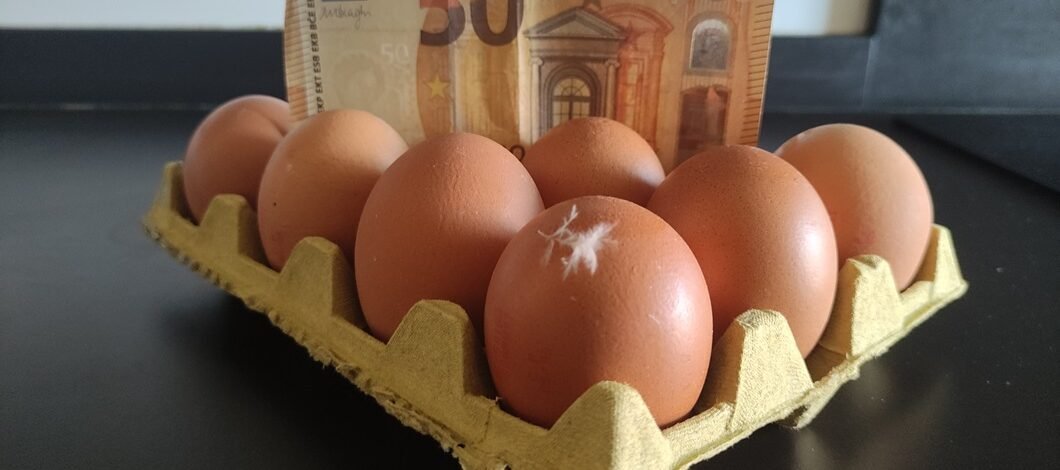 Una docena de huevos con un billete de 50 euros.