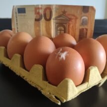 Una docena de huevos con un billete de 50 euros.
