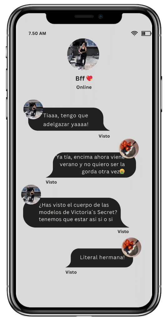 Captura de pantalla de una conversación entre dos amigas sobre bajar de peso.