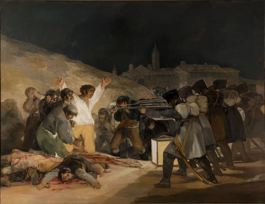 Goya representó la represión posterior al levantamiento en El 3 de mayo en Madrid o Los fusilamientos.