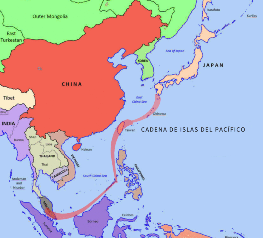 Mapa de asia oriental que muestra la cadena de islas del pacífico que encierran a la República Popular de China