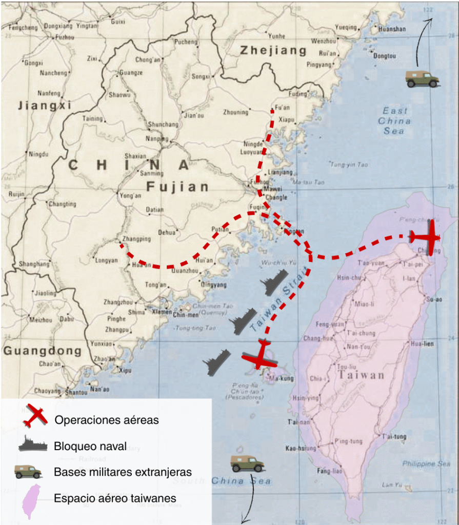 Mapa Operaciones militares chinas sobre taiwan
