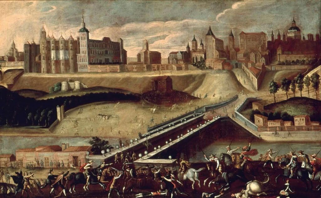 Panorámica de la ciudad de Madrid, en una pintura de la época, vislumbrándose sus principales edificios y su población en las calles.